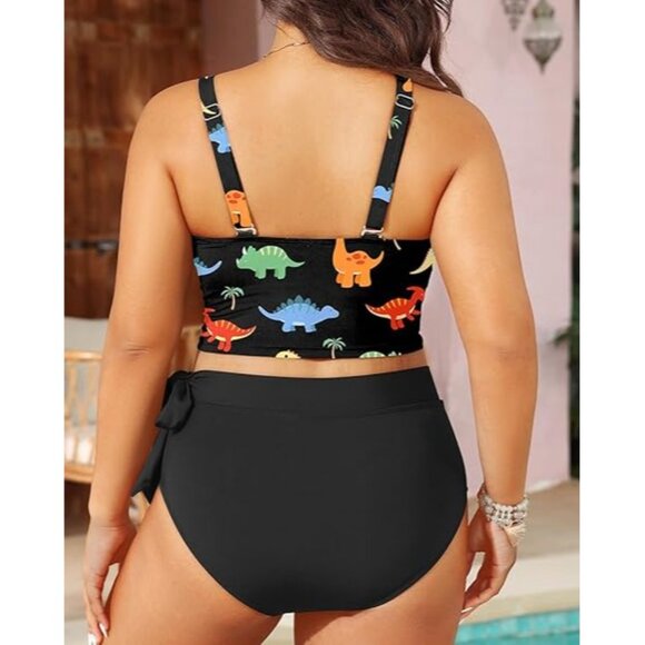 Tempt Me Plus Size 16 Bikini Set Womens Dino Print Crop Top Black High Waisted - Picture 5 of 8